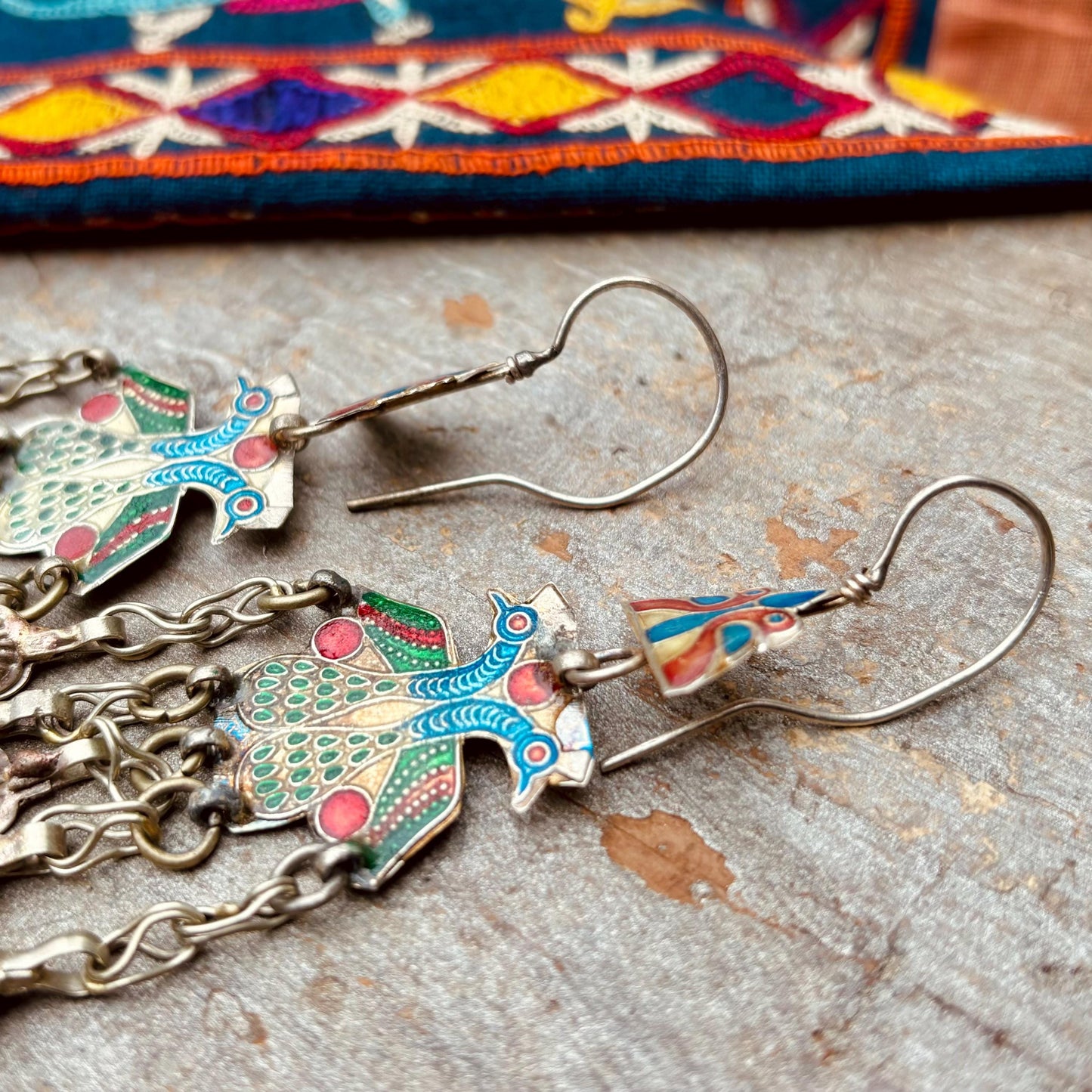 Boucles d’oreille émaillées orientales, Paons,Bijou tribal ethnique, asiatique, Vintage Rétro Afghan, Costume tribal, Artisanat Afghanistan