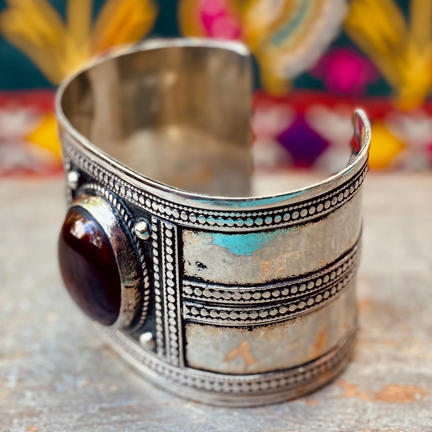 Bracelet manchette rigide agate boho - Bijou ethnique turkmène artisanal