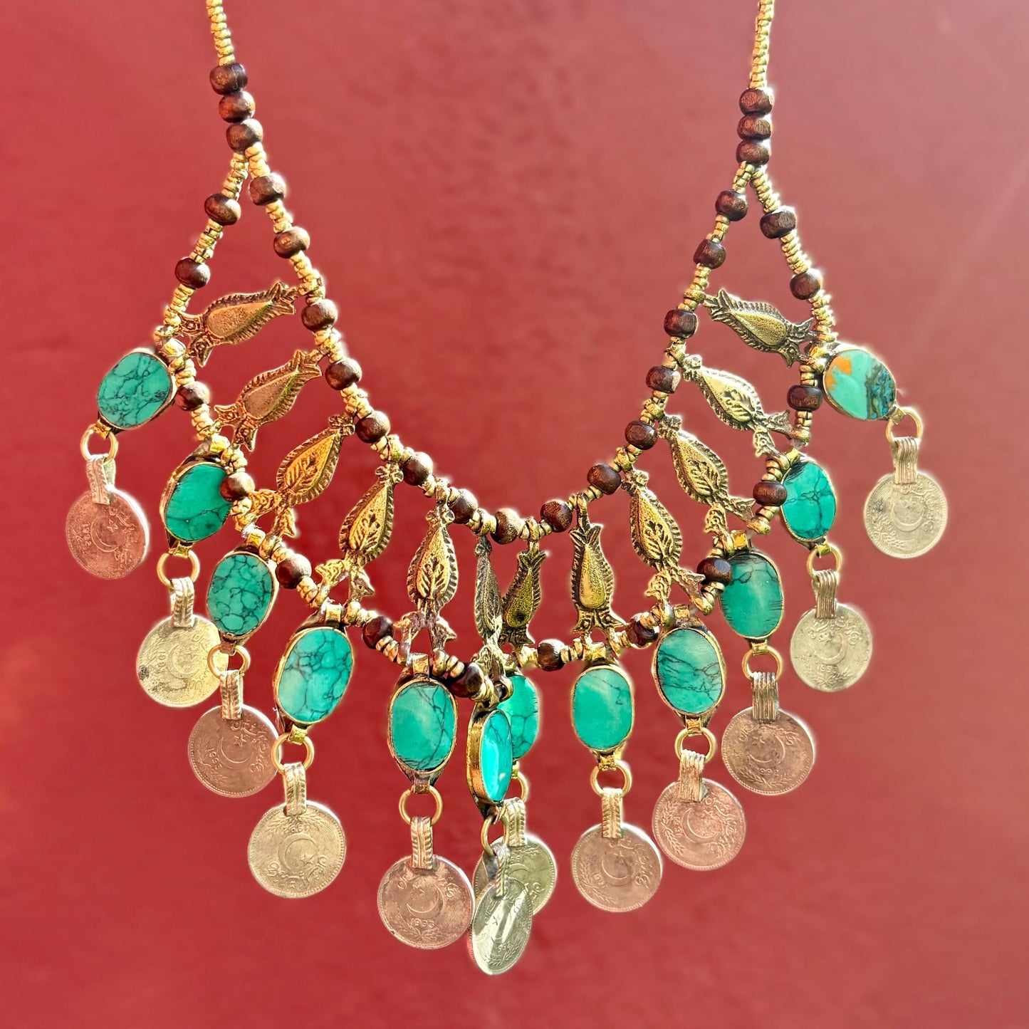 Collier oriental tribal, Collier plastron pierre verte ethnique, Bijou afghan persan tribu, Collier gypsy boho tribal fusion danse orientale