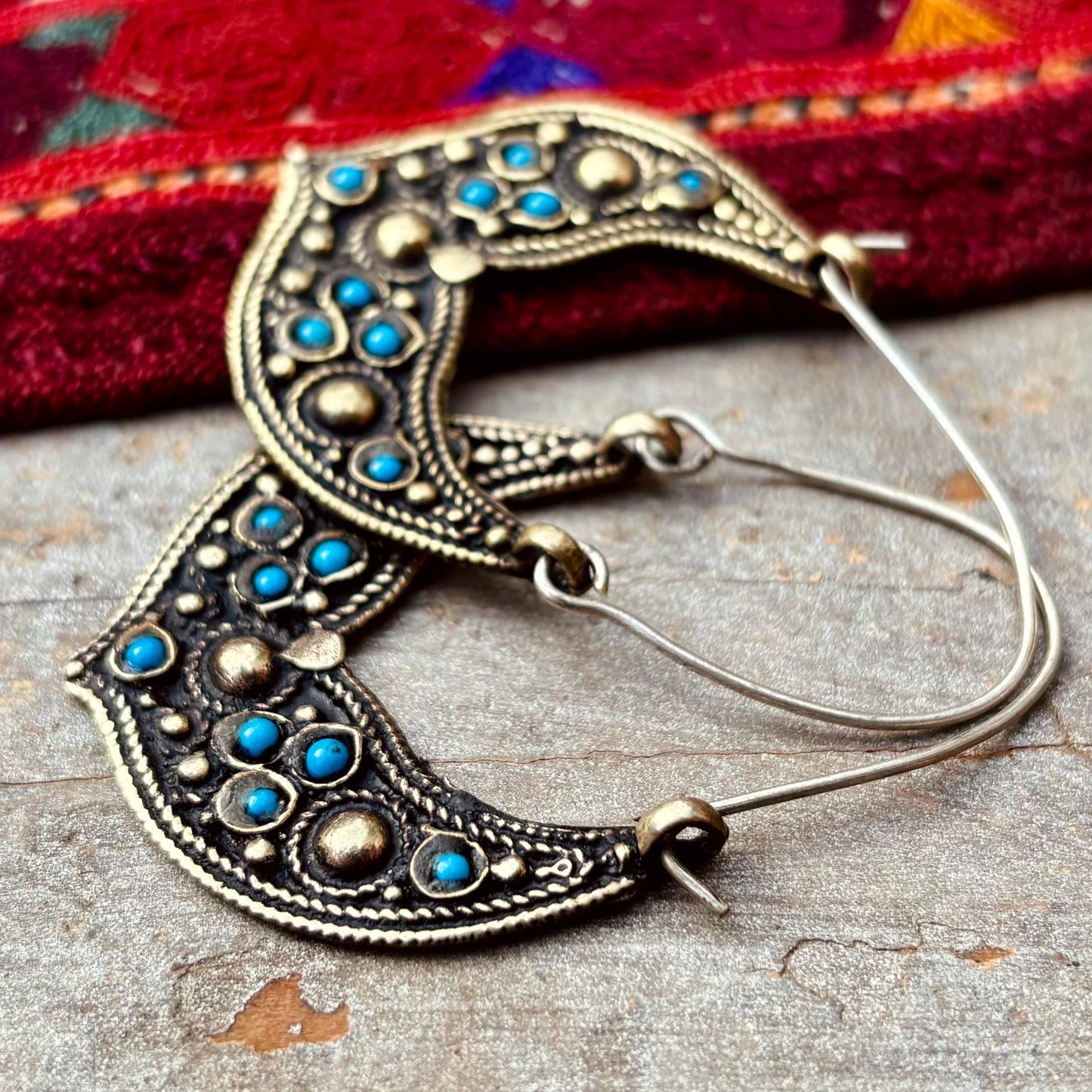 Créoles tribales afghanes boho avec verre bleu - Anneaux ethniques danse orientale