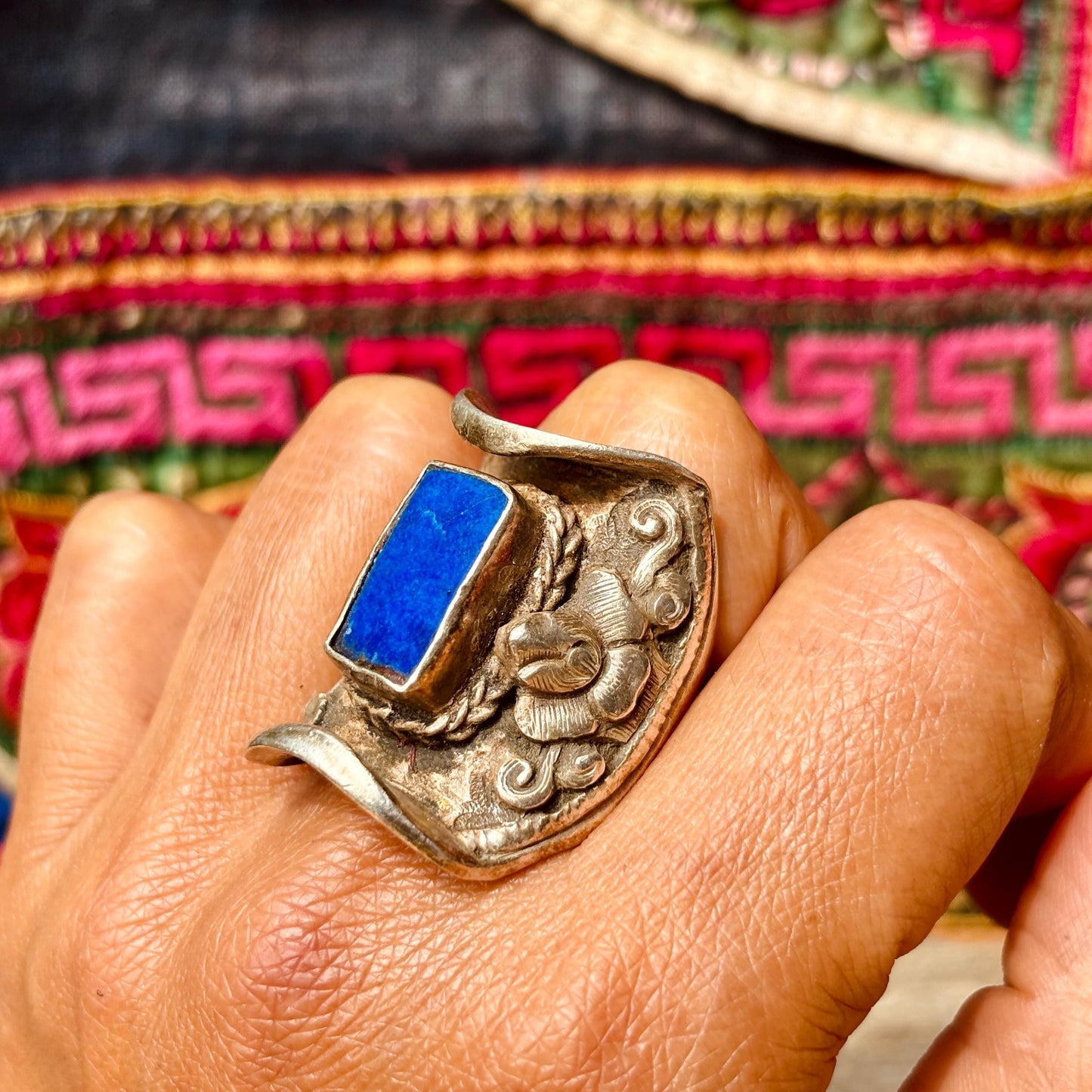 Bague tibétaine selle argent lapis lazuli - Bijou ancien Himalaya ajustable