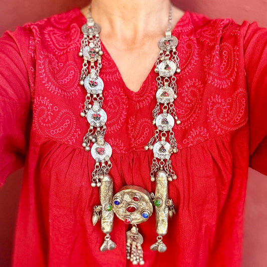 Collier Turkmène Afghan Vintage Pendentif Boîtier - Long Sautoir Tribal Kuchi - Bijou Ethnique Bohème Statement