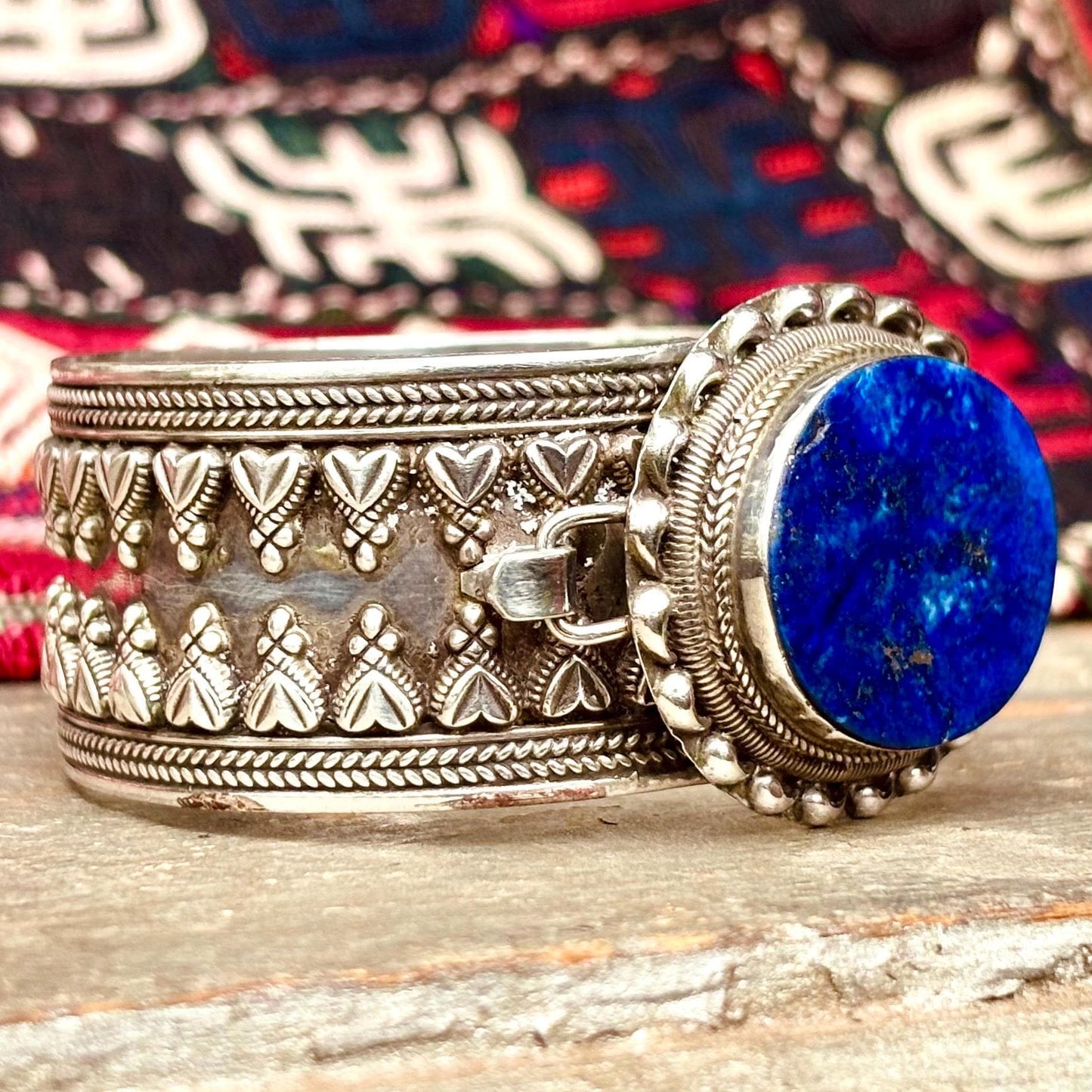Bracelet argent sterling lapis-lazuli - Manchette ethnique vintage orientale boho indien Rajasthan