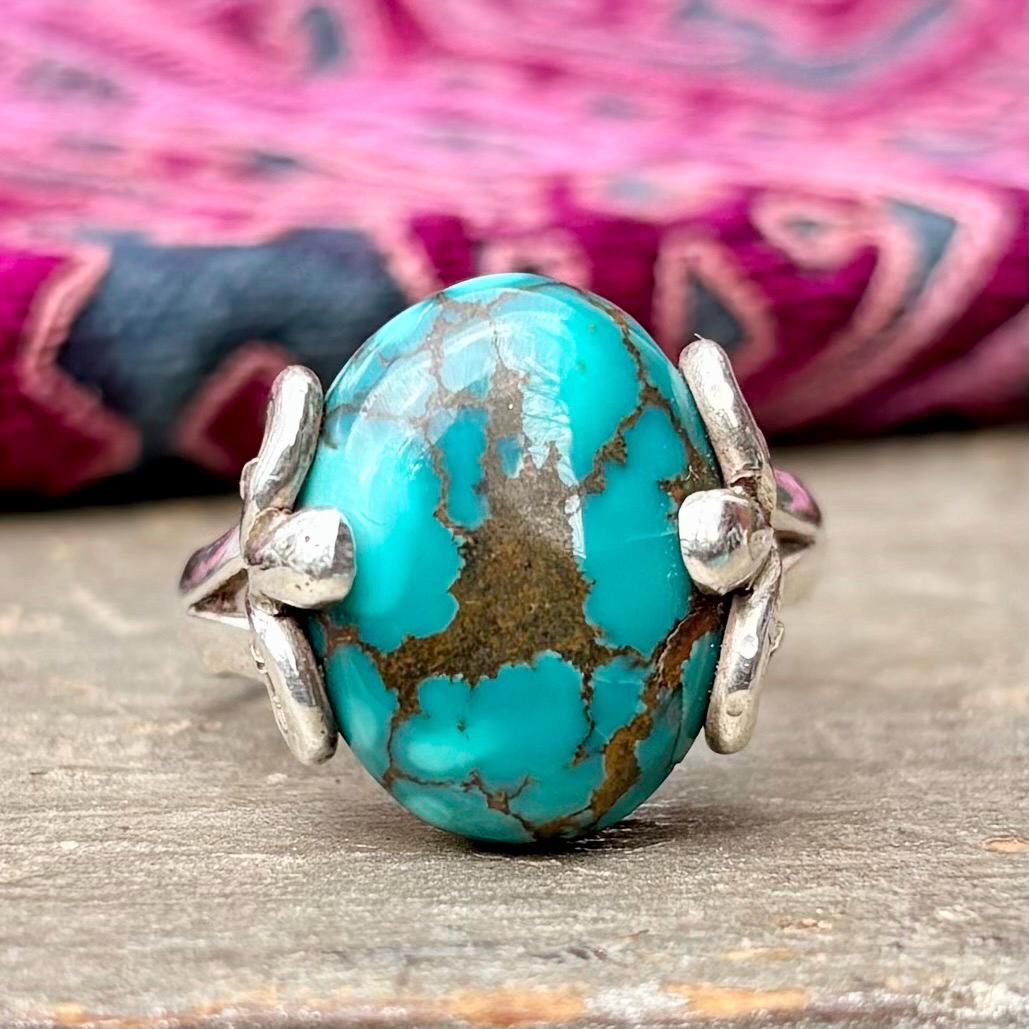 Bague argent sterling turquoise vintage, Bague indienne cabochon pierre bleue asiatique orientale, Style ethnique bohème, Cadeau pour femme