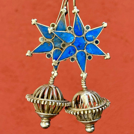 Boucles d’oreille vintage argent, Etoile lapis lazuli, Vieilles boucles d'oreille tribu nomade afghane Asie, Bijou ethnique tribal oriental