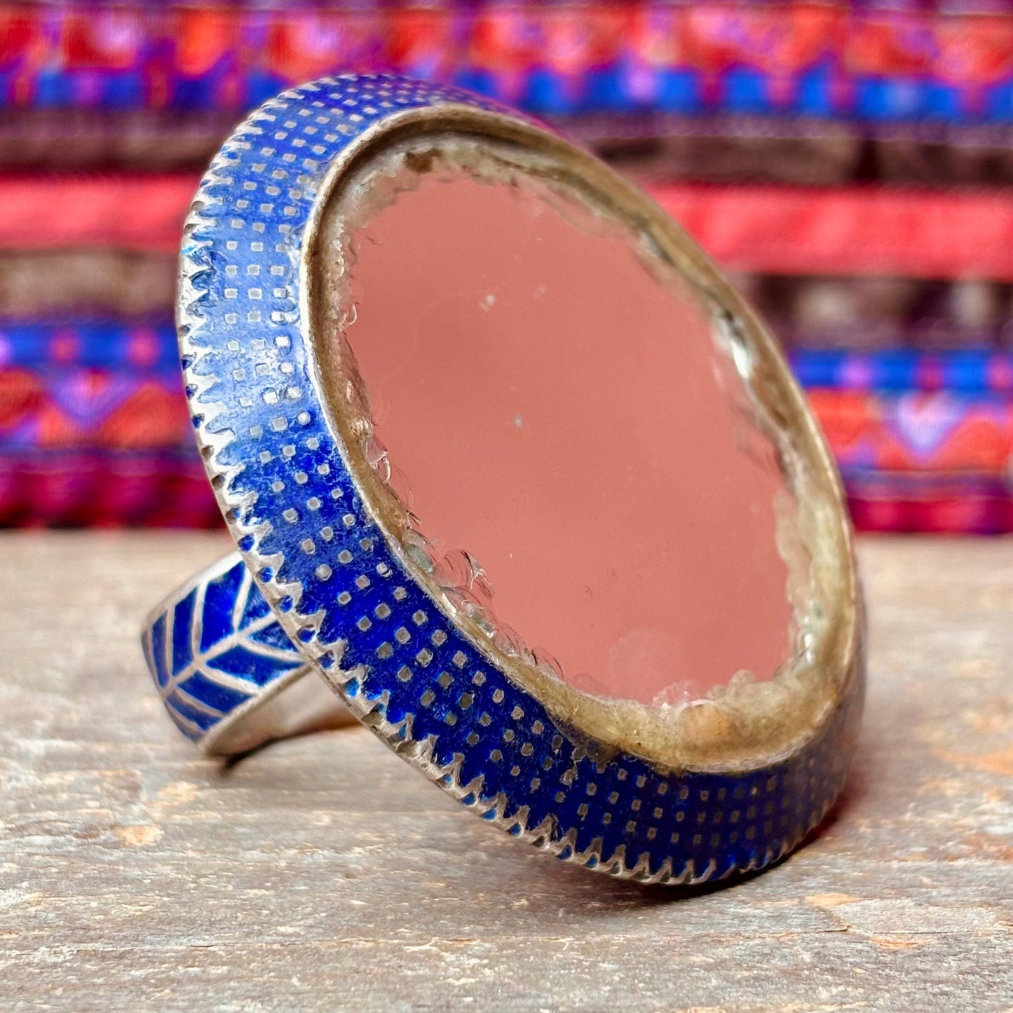 Bague Argent Émaux Bleus Multan Pakistan - Grande Bague Ronde Tribale Miroir Ethnique Vintage Collection