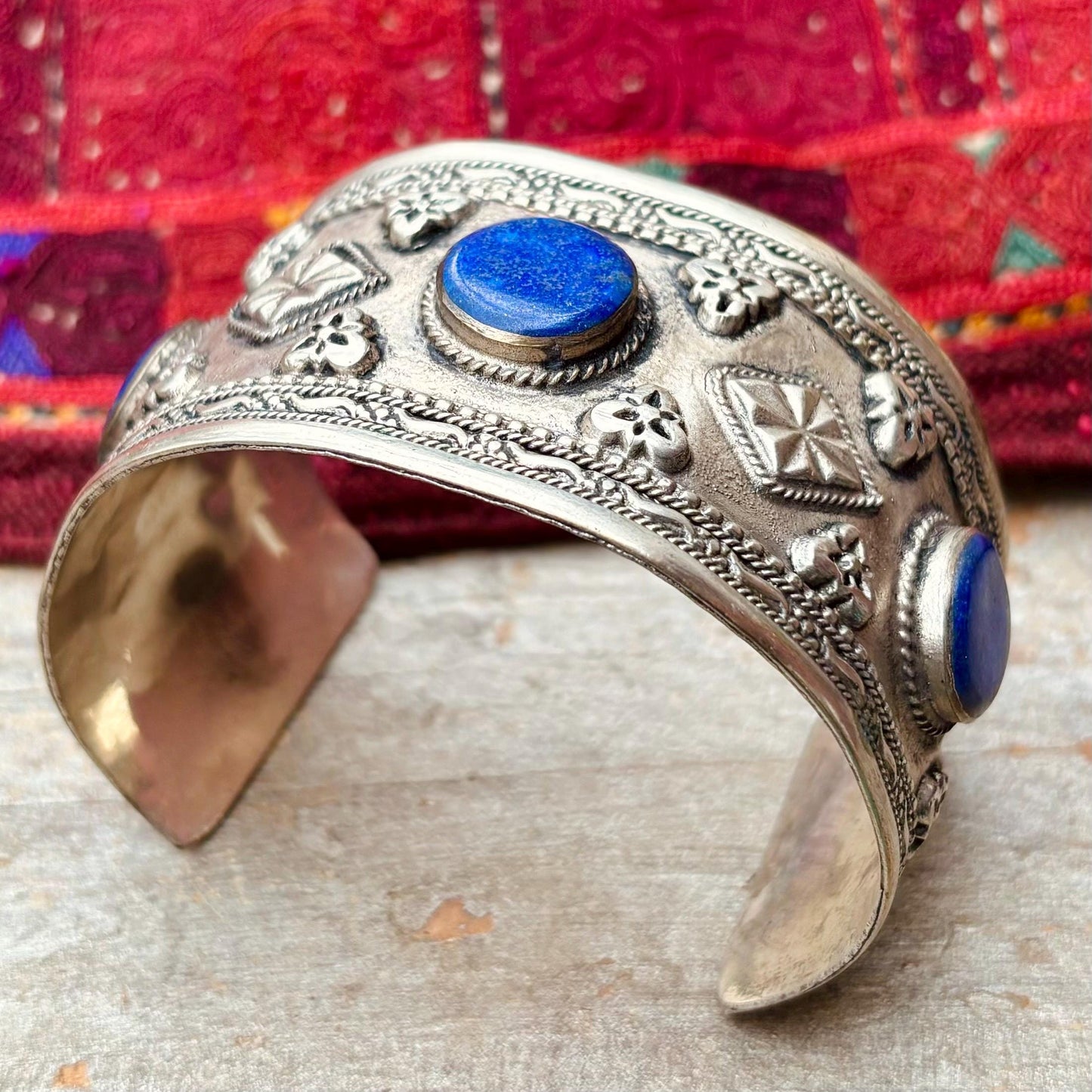 Bracelet lapis-lazuli manchette ethnique vintage orientale - Bijou tribal pierre bleue artisanat turkmène