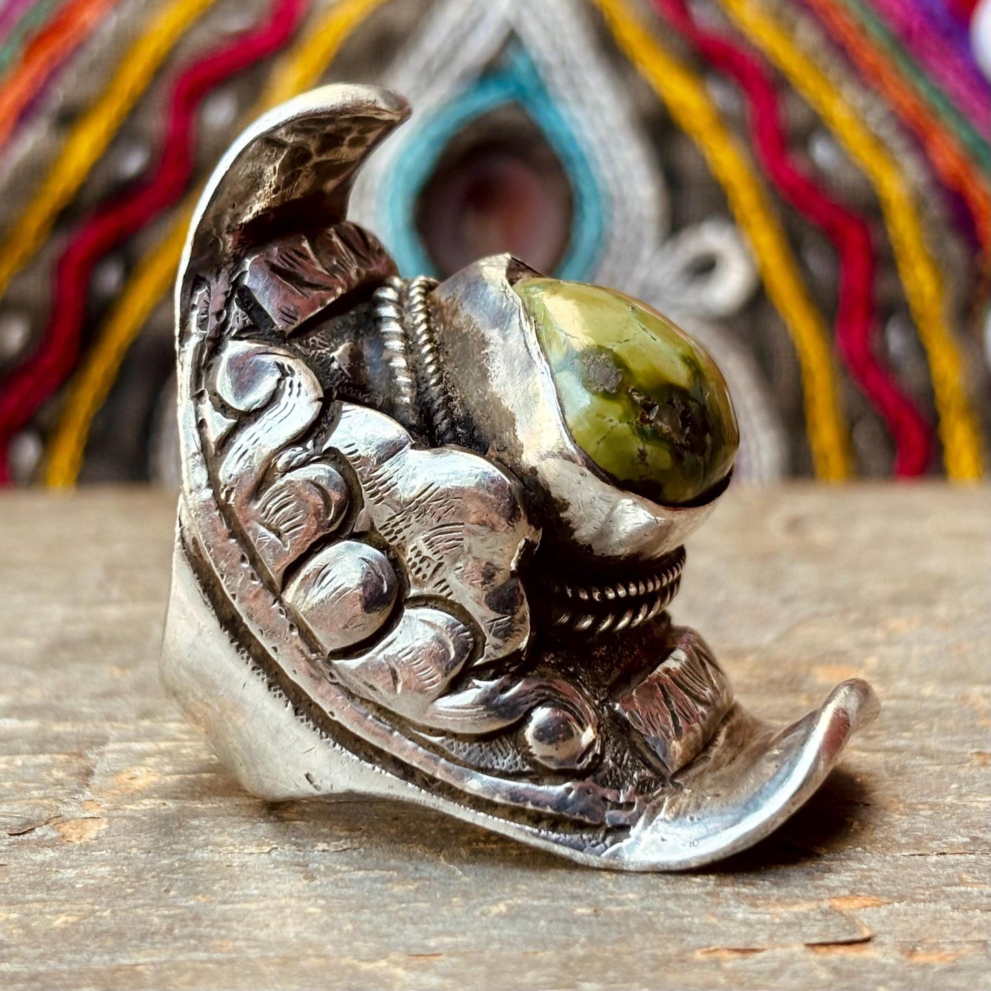 Bague Tibétaine argent turquoise - Bague selle ancienne pierre verte ajustable