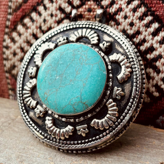 Pendentif turquoise, collier tribal, bijou ethnique, pendentif pierre verte, collier afghan pendentif tribal rond, bijou gypsy vintage