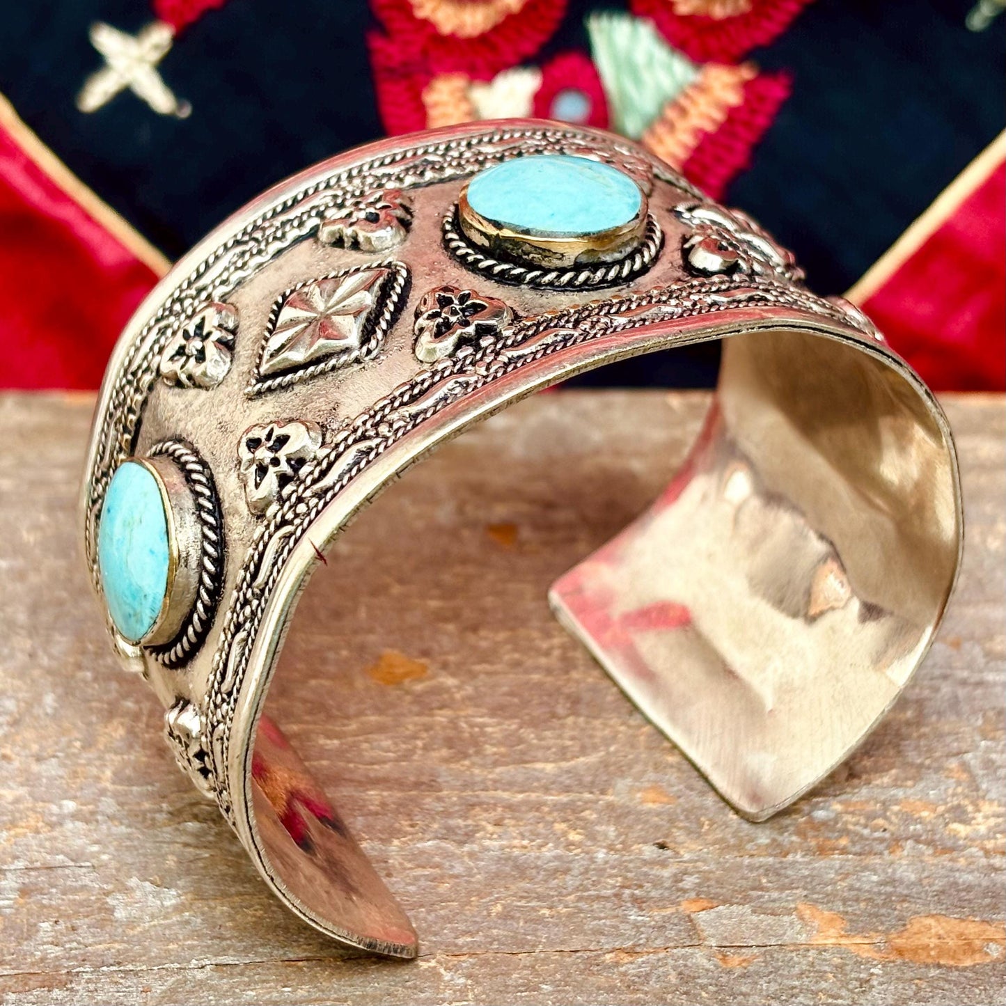 Bracelet Manchette Turquoise Argenté - Bijou Ethnique Afghan Turkmène - Style boho tribal