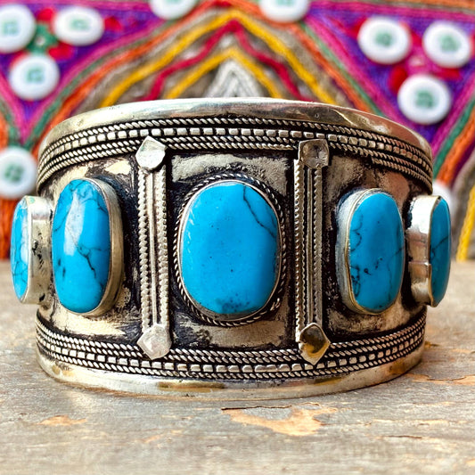 Bracelet turquoise argenté pierre bleue - Manchette ethnique turkmène artisanale