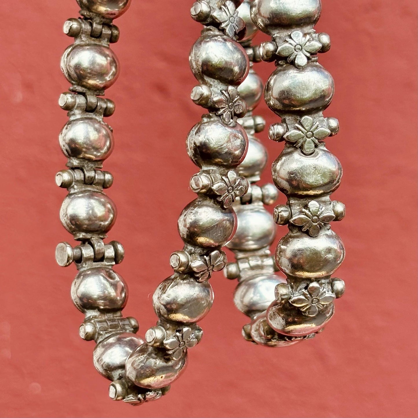 Paire bracelets de cheville anciens argent, Badam Kada chaînes de cheville vintage boho indiennes, Bijou ethnique tribal Inde Tamil Nadu