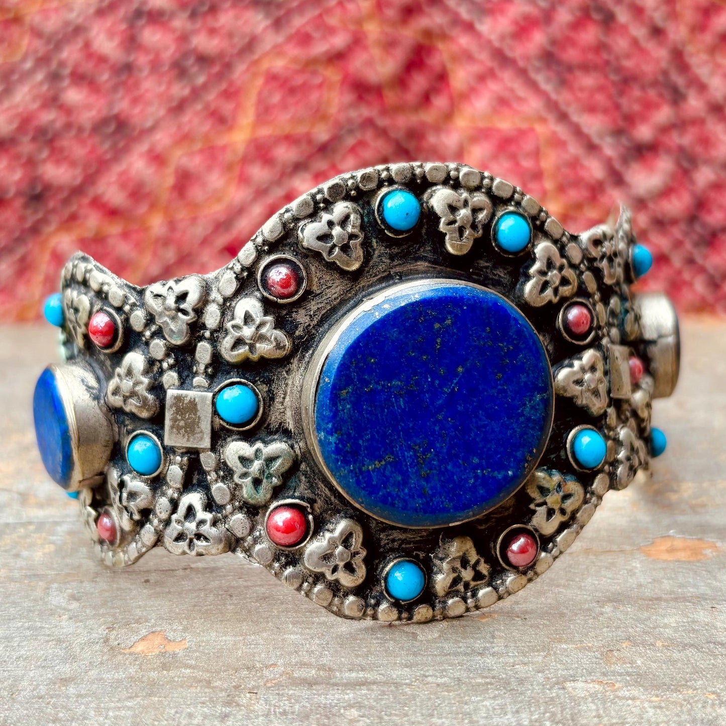 Bracelet manchette lapis-lazuli - Bijou ethnique turkmène pierre bleue