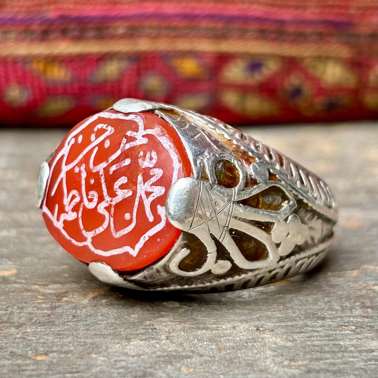 Große Herrenring Silber Achat Intarsie Afghanistan, Islamischer arabischer orientalischer asiatischer antiker Ring, Aqeeq Schutz bösen Blick
