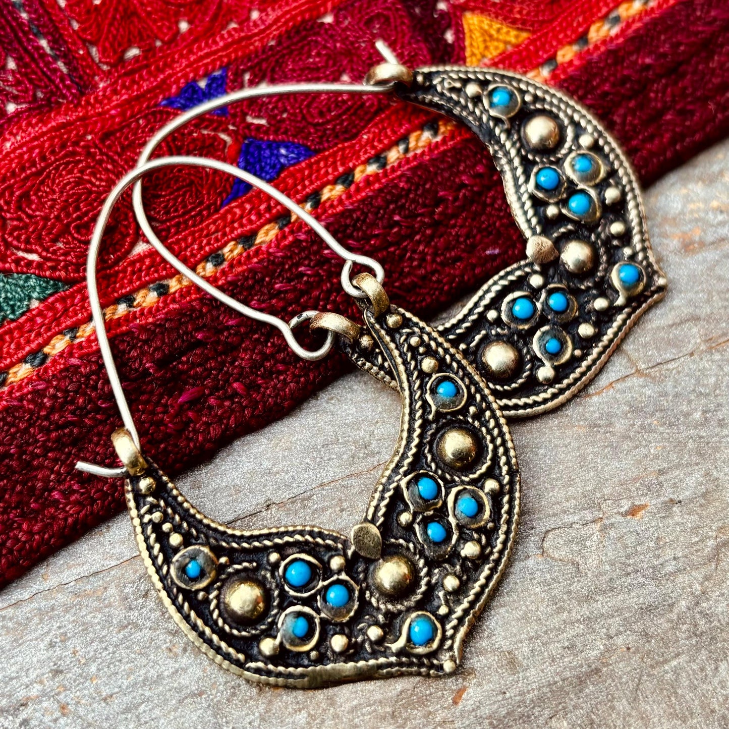 Créoles tribales afghanes boho avec verre bleu - Anneaux ethniques danse orientale