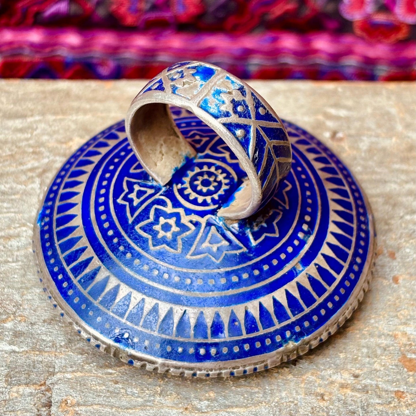 Bague Argent Émaux Bleus Multan Pakistan - Grande Bague Ronde Tribale Miroir Ethnique Vintage Collection