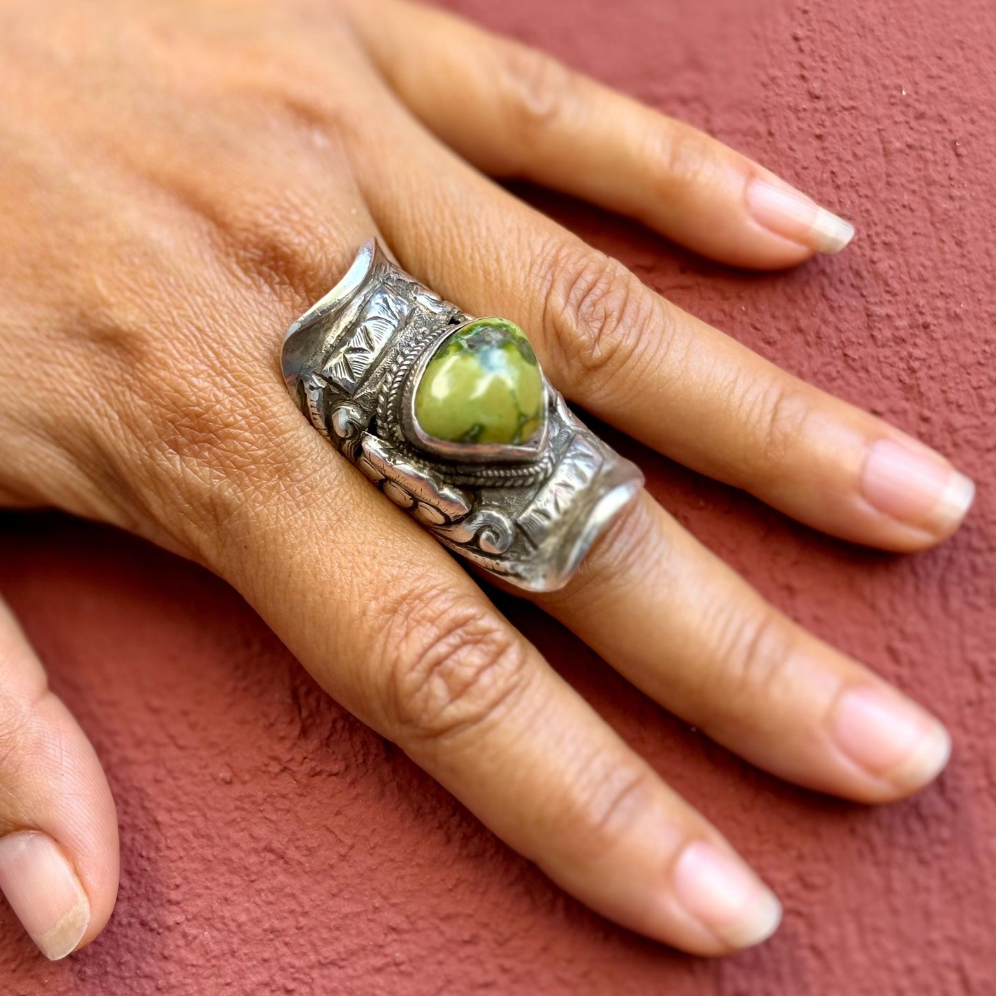 Bague Tibétaine argent turquoise - Bague selle ancienne pierre verte ajustable