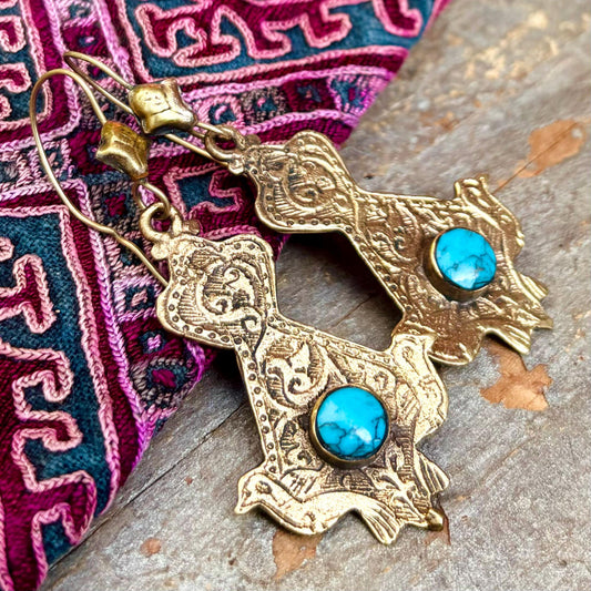 Boucles d’oreille dorées turquoise oiseaux ethnique orientale, Boucles d’oreille tribale vintage, Bijou tribus nomades, Style antique bohème