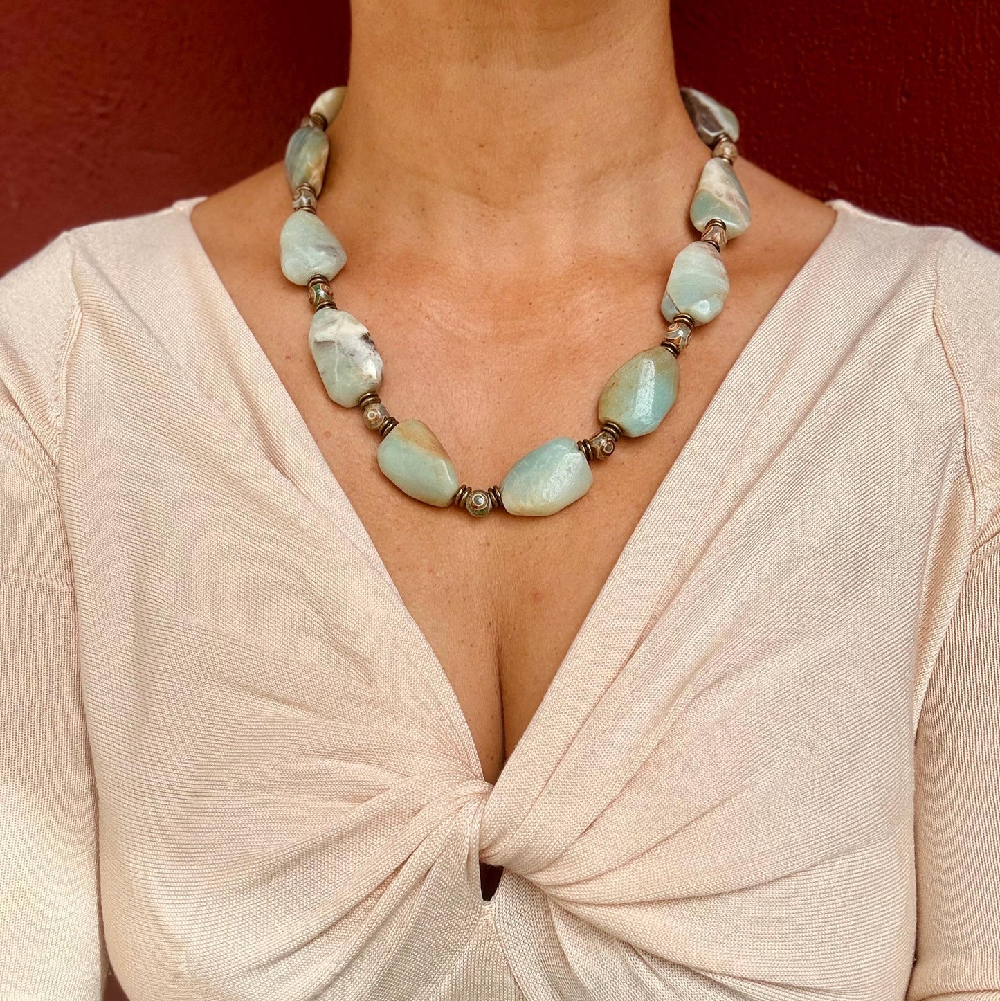 Collar de amazonita verde, collar de piedra natural barroca, gargantilla, joya de piedra natural semipreciosa, regalo para mujer.