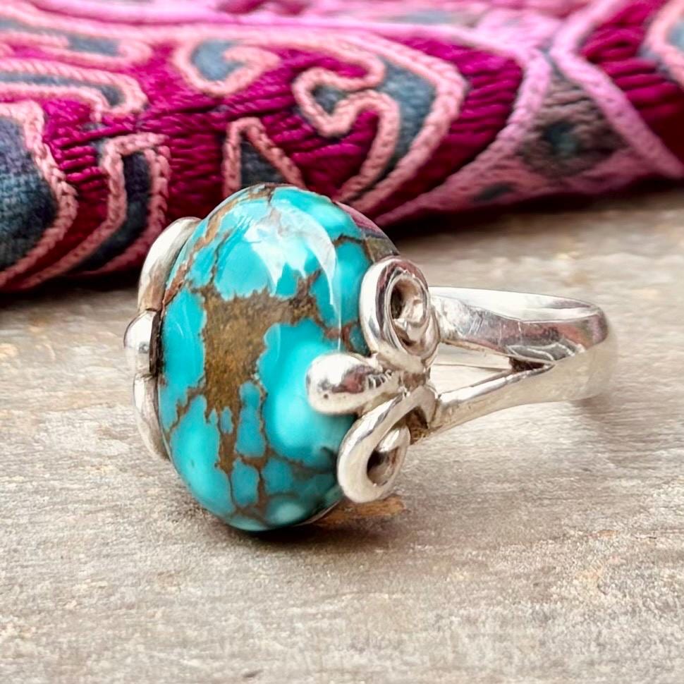 Bague argent sterling turquoise vintage, Bague indienne cabochon pierre bleue asiatique orientale, Style ethnique bohème, Cadeau pour femme