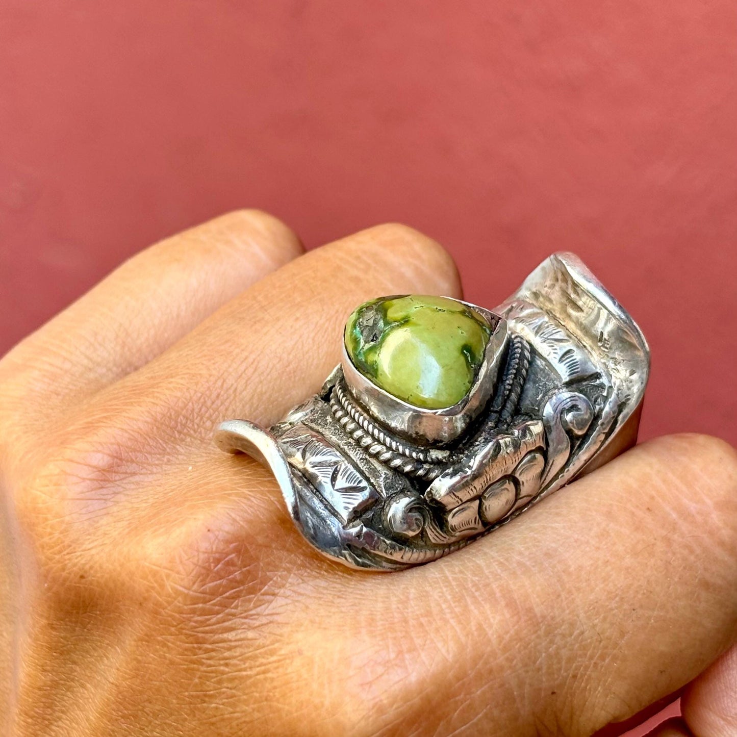 Bague Tibétaine argent turquoise - Bague selle ancienne pierre verte ajustable