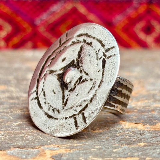 Bague Berbère ancienne argent ronde - Bague disque Sahara du Maroc - Bijou tribal Atlas