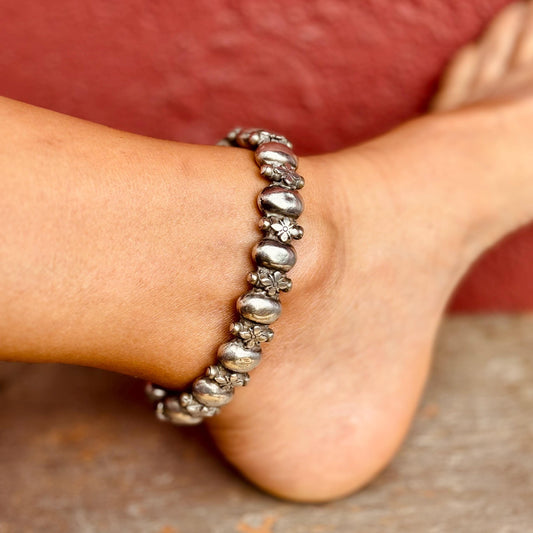 Paire bracelets de cheville anciens argent, Badam Kada chaînes de cheville vintage boho indiennes, Bijou ethnique tribal Inde Tamil Nadu