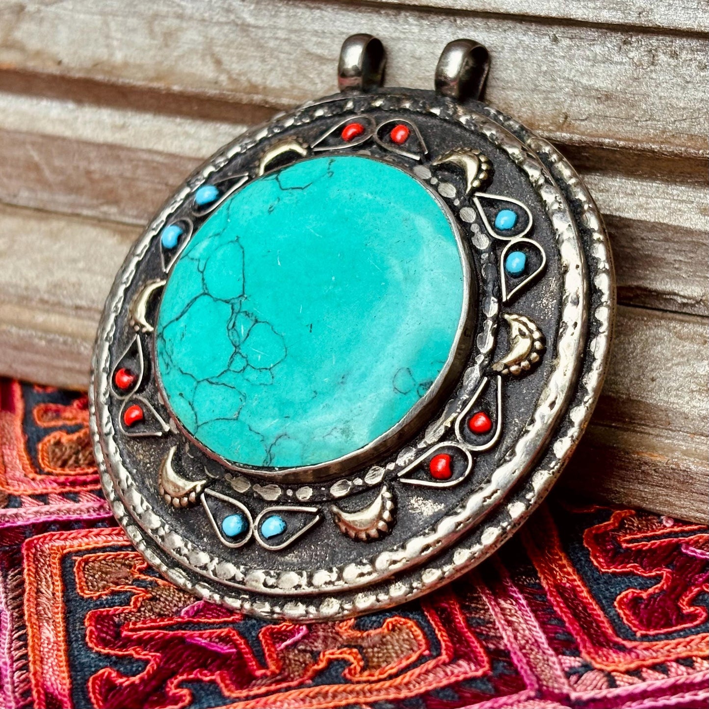 Pendentif Turkmène Rond Turquoise Argent - Bijou Tribal Ethnique Pierre Bleu Vert - Statement Oriental Vintage
