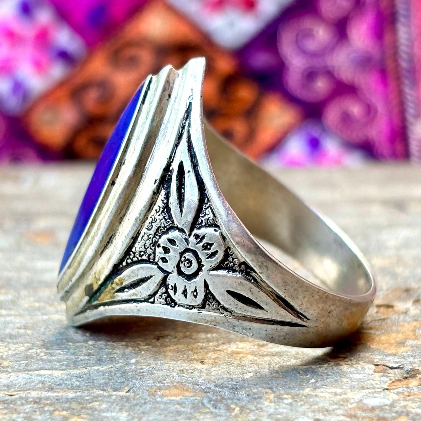 Bague argent lapis lazuli, Bague ethnique vintage, Bague tribale pierre bleue pointe, Bague afghane orientale ethnique, Cadeau pour femme