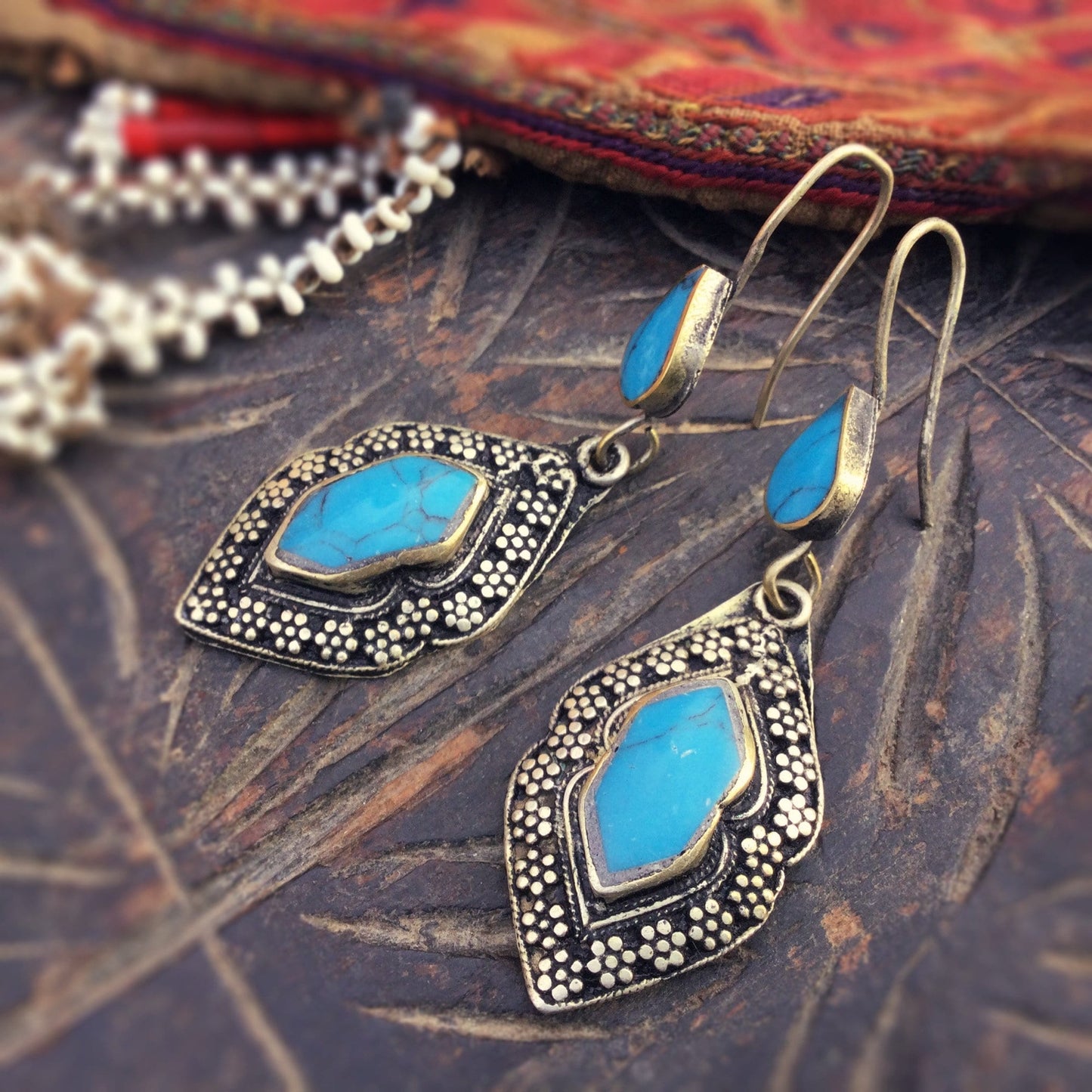 Boucles d'oreilles turquoise afghanes indiennes - Bijou ethnique tribal oriental