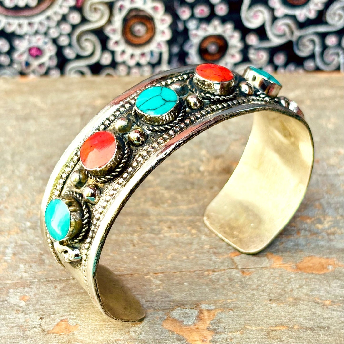 Bracelet Manchette Turkmène Turquoise Corail - Bijou Ethnique Afghan Argent