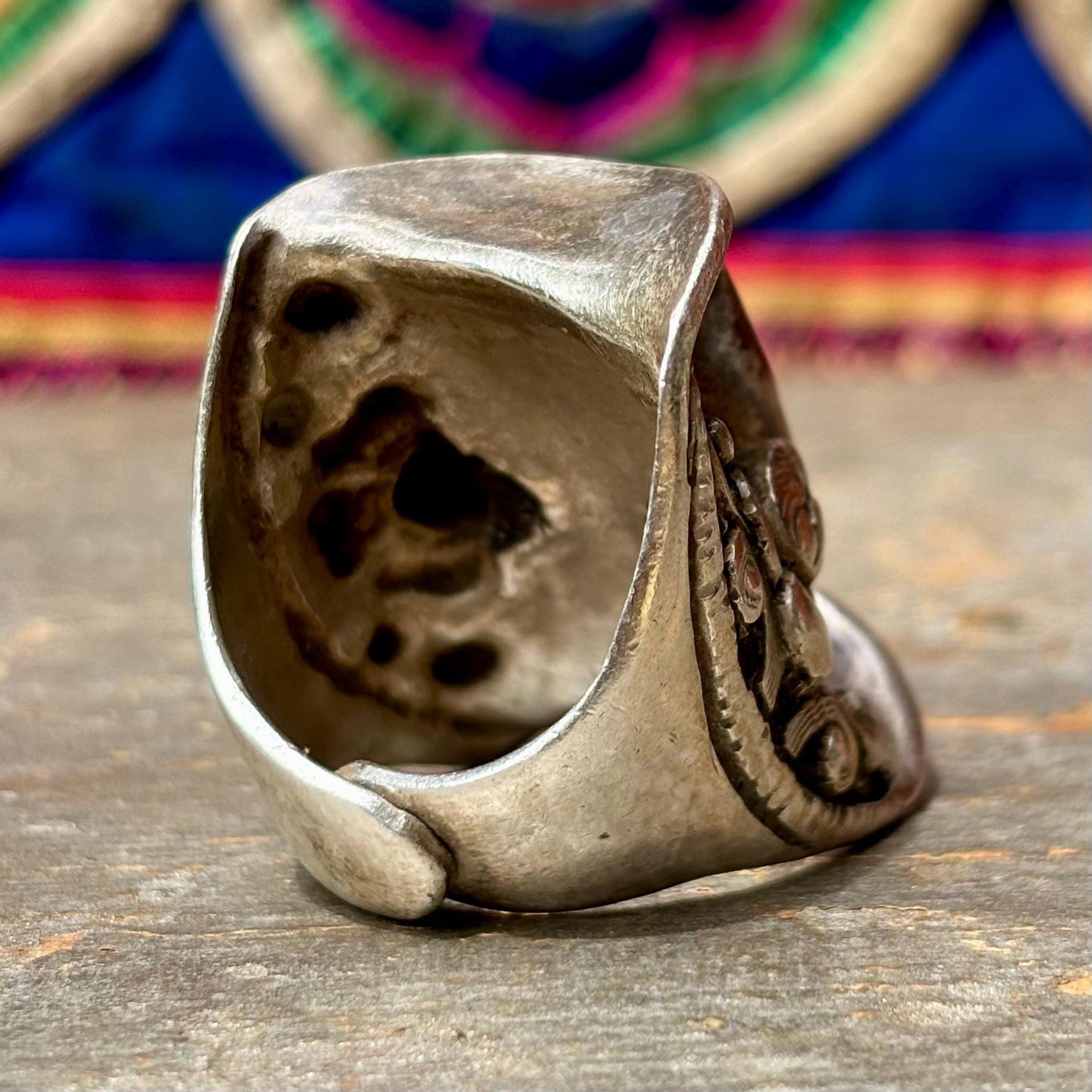 Bague tibétaine selle argent lapis lazuli - Bijou ancien Himalaya ajustable