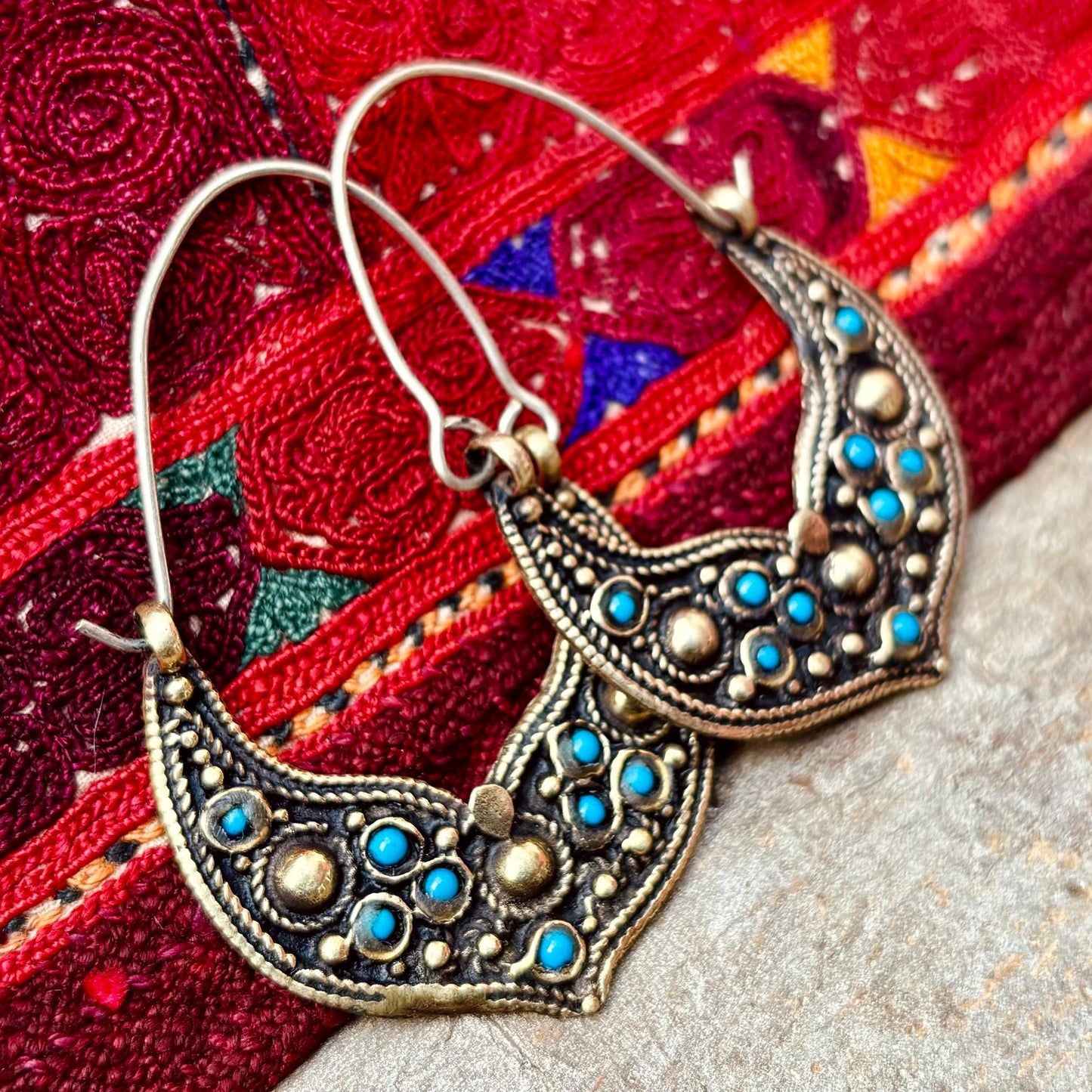 Créoles tribales afghanes boho avec verre bleu - Anneaux ethniques danse orientale