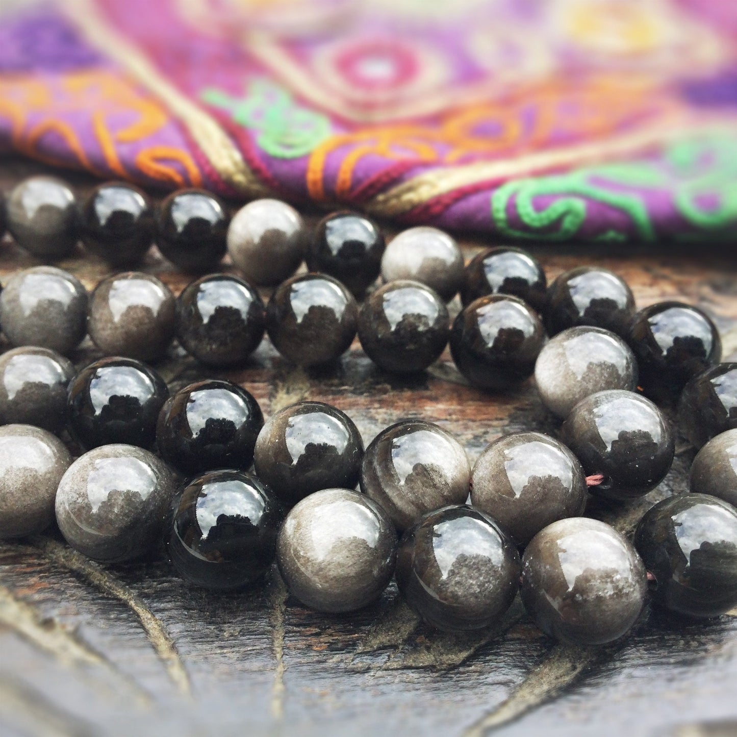 Obsidienne silver, 1 rang de perles rondes lisses 8 mm, Perles pierre naturelle, Obsidienne naturelle, Perles noires grises