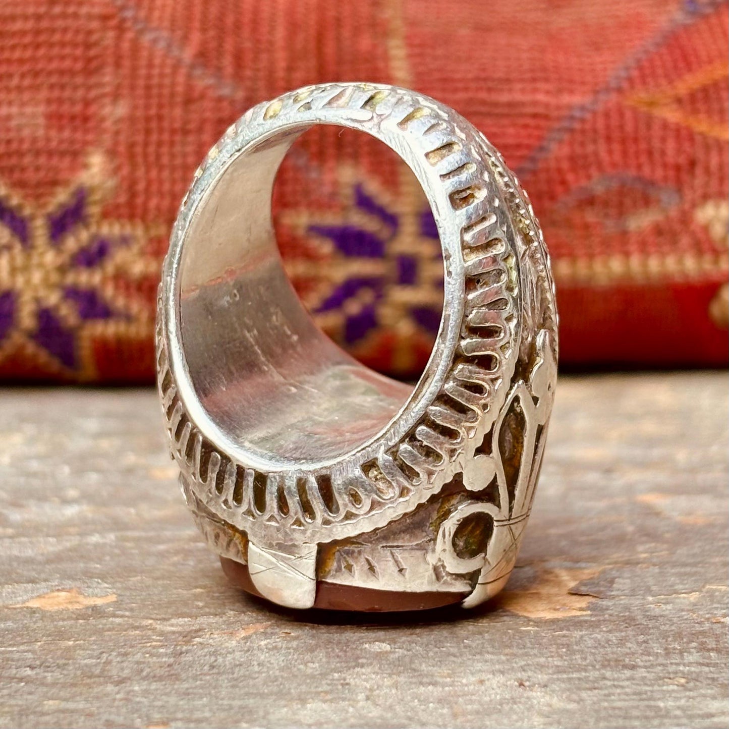 Große Herrenring Silber Achat Intarsie Afghanistan, Islamischer arabischer orientalischer asiatischer antiker Ring, Aqeeq Schutz bösen Blick