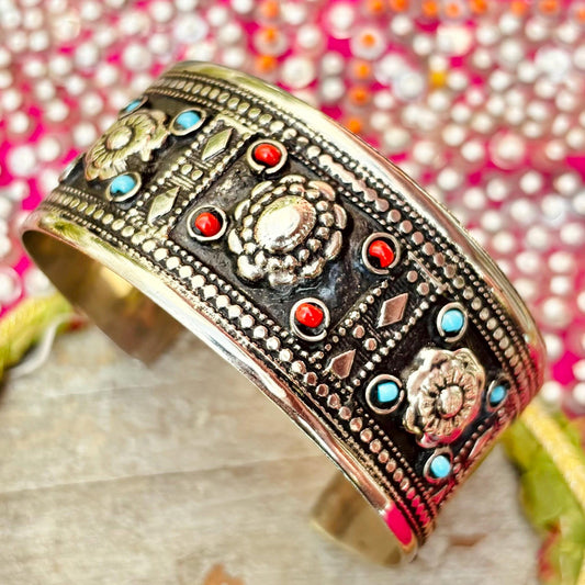 Bracelet manchette ethnique vintage orientale boho asiatique gypsy - Bijou métal artisanat turkmène