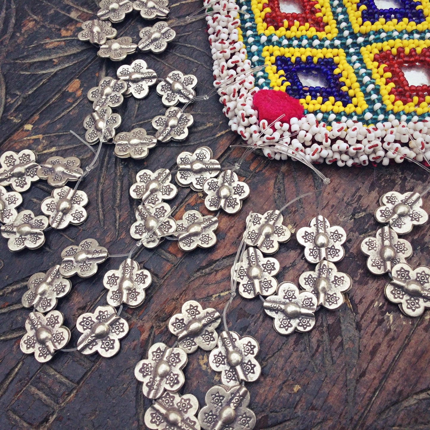 Perles fleur argent Thaïlande, Perles vintage tribu Karen, Perles tribales ethniques vintage, Fournitures création fabrication bijoux