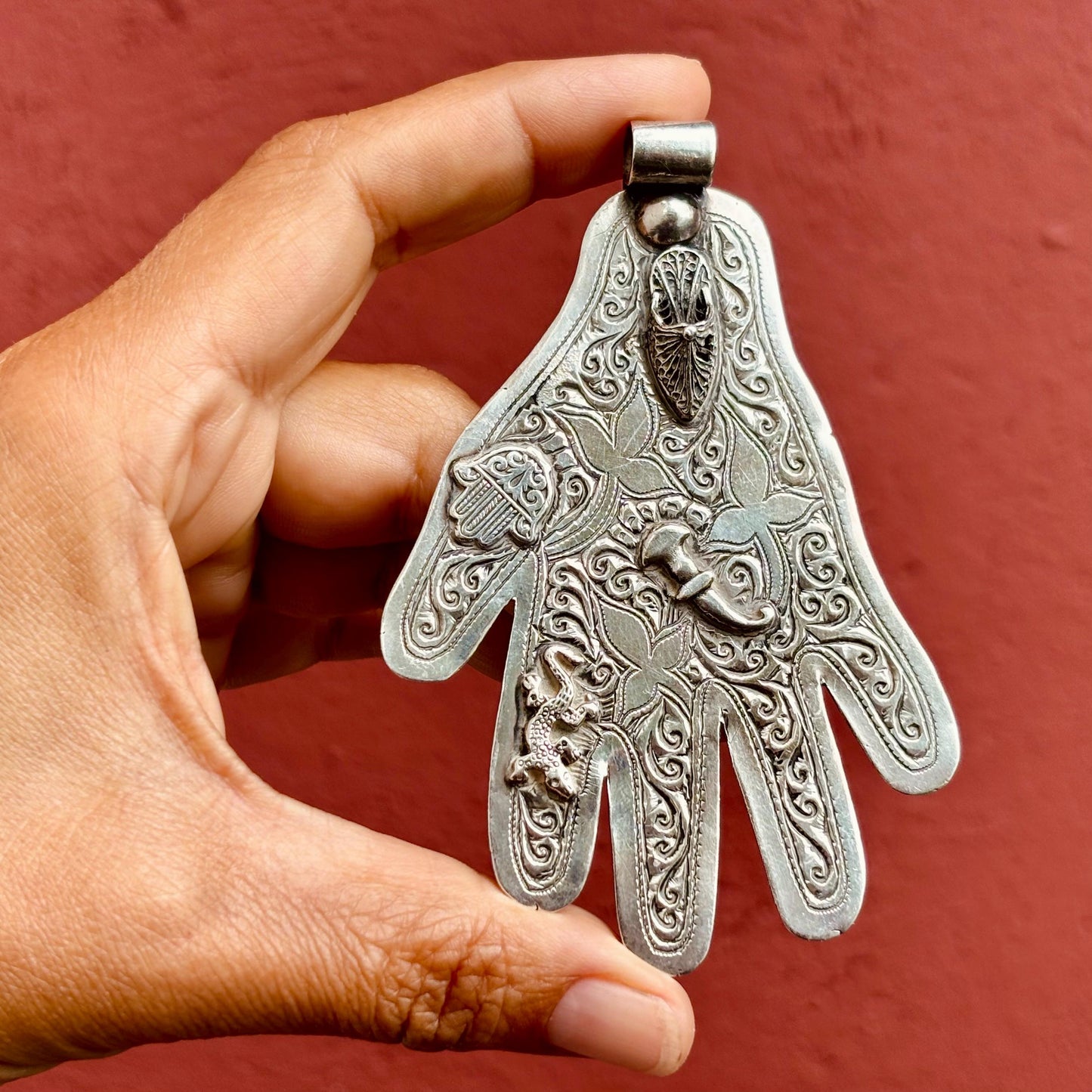 Pendentif Hamsa Argent Salamandre - Main Fatima Berbère Maroc Ancien 900/1000