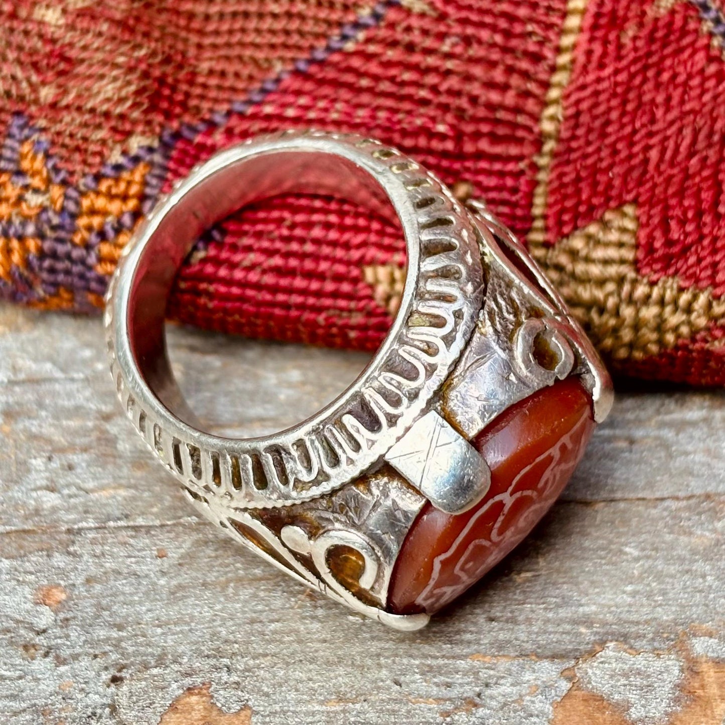 Große Herrenring Silber Achat Intarsie Afghanistan, Islamischer arabischer orientalischer asiatischer antiker Ring, Aqeeq Schutz bösen Blick