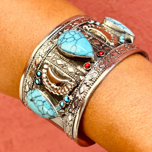 Bracelet manchette argenté turquoise - Bijou ethnique turkmène artisanal boho
