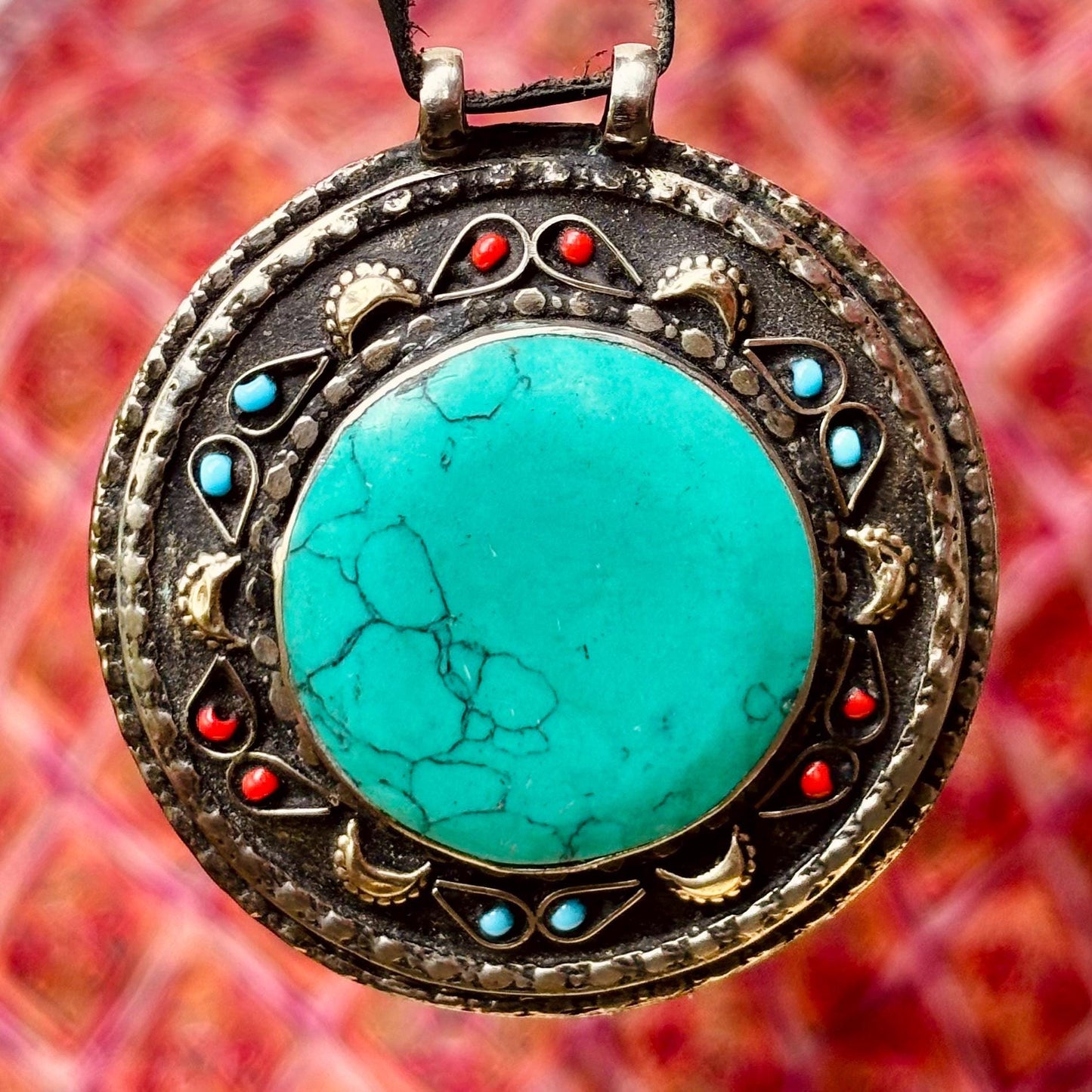 Pendentif Turkmène Rond Turquoise Argent - Bijou Tribal Ethnique Pierre Bleu Vert - Statement Oriental Vintage