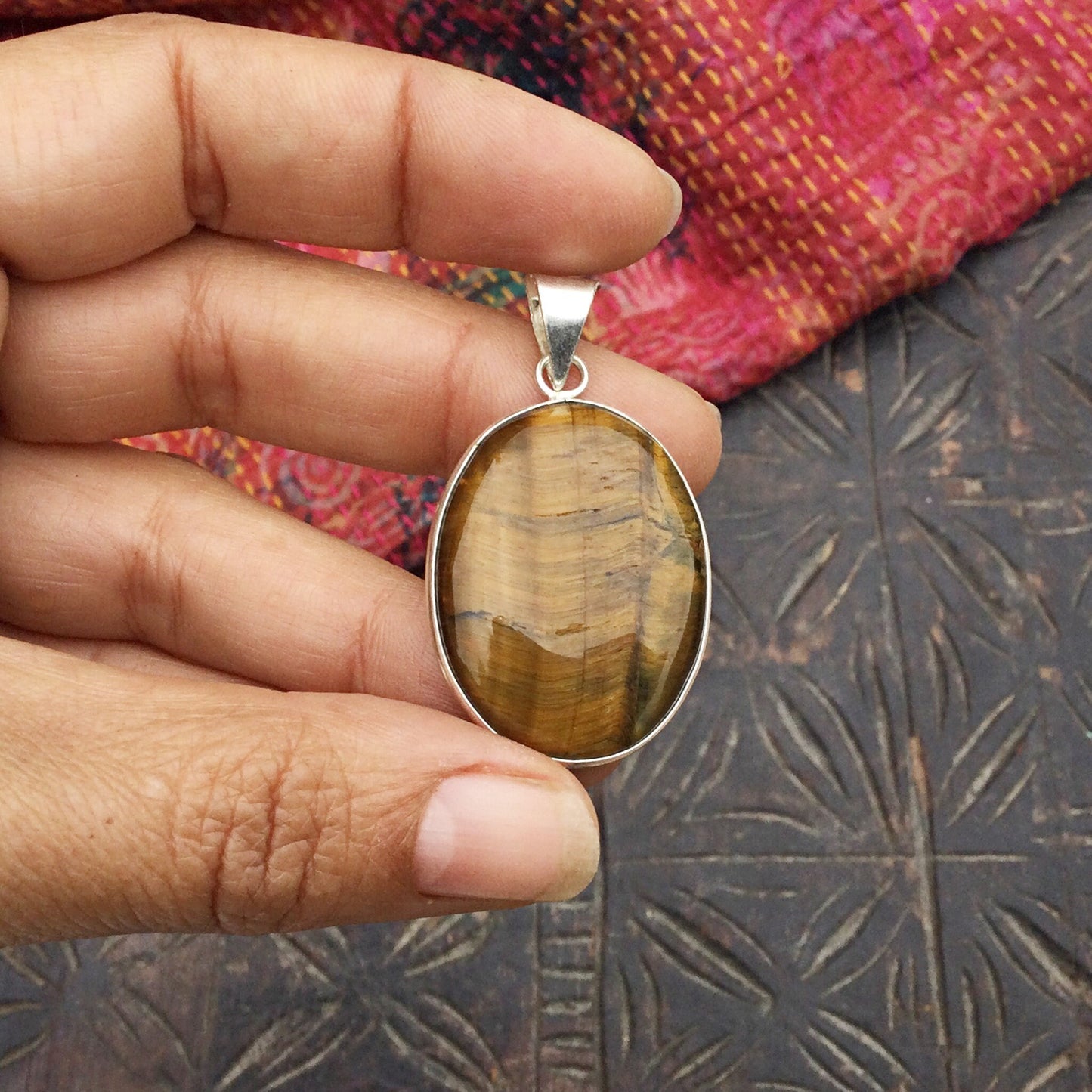 Tigerauge Anhänger, Ovaler Stein Anhänger, Massives Silber, Natürlicher Stein Anhänger, Schutzstein, Tigerauge Schmuck