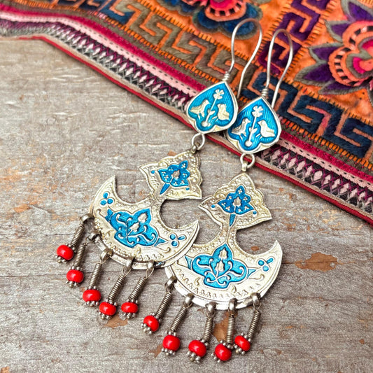 Grandes boucles d'oreilles émaillées bleues afghanes - Bijou ethnique tribal oriental vintage