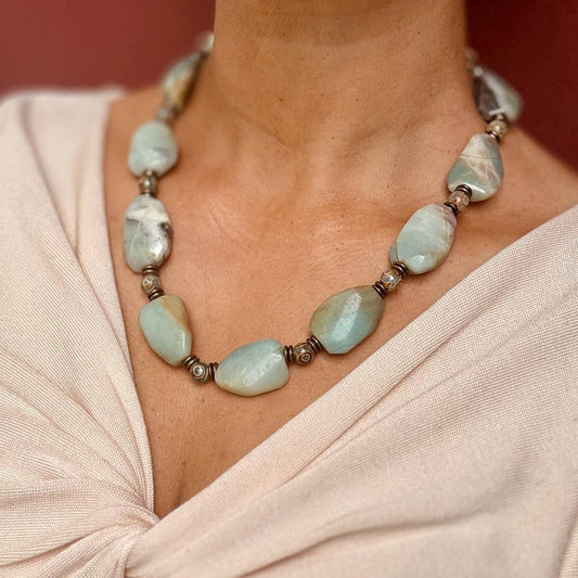 Collier pierre verte amazonite, Collier pierre naturelle baroque ras de cou, Bijou pierre naturelle semi-précieuse, Cadeau pour femme