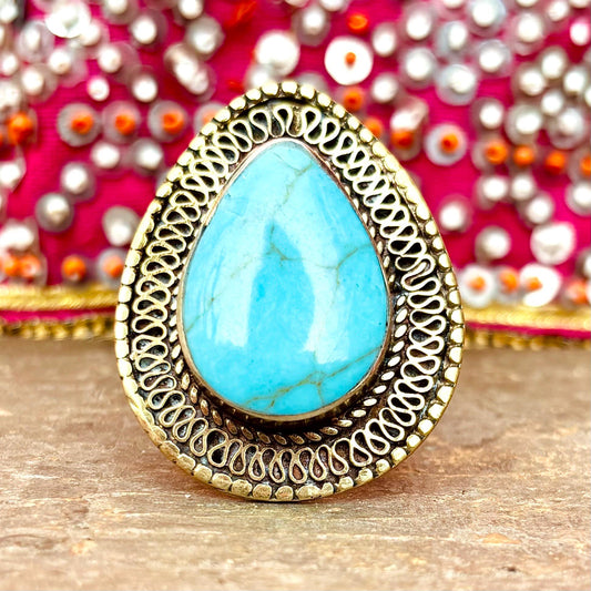 Bague turquoise tribale vintage, Grande bague pierre bleue orientale bohème gypsy boho, artisanat Asie, Bijoux ethniques anciens festival