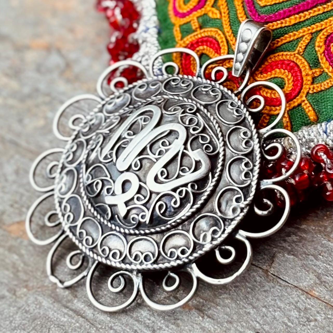 Pendentif algérien filigrane forme fleur, Bijou arabe oriental, Antiquités Maghreb Algérie, Amulette Talisman collier vintage, Cadeau femme