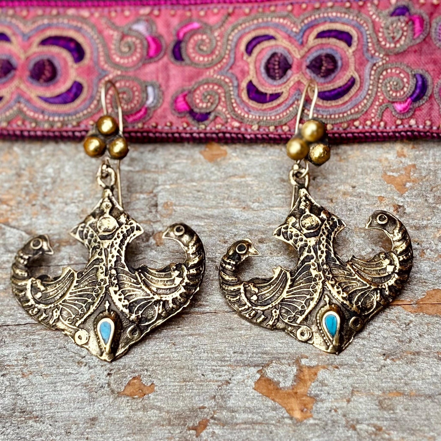 Boucles oreille paon, Boucles ethniques, Bijoux nomades tribus, Bijoux afghans, Inde Rajasthan, Boucles vintage gypsy boho Cadeau pour femme