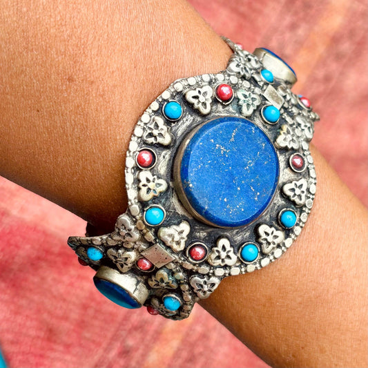 Bracelet manchette lapis-lazuli - Bijou ethnique turkmène pierre bleue