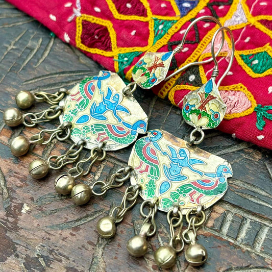 Boucles d'oreilles émaillées paon afghanes - Bijou tribal ethnique oriental vintage