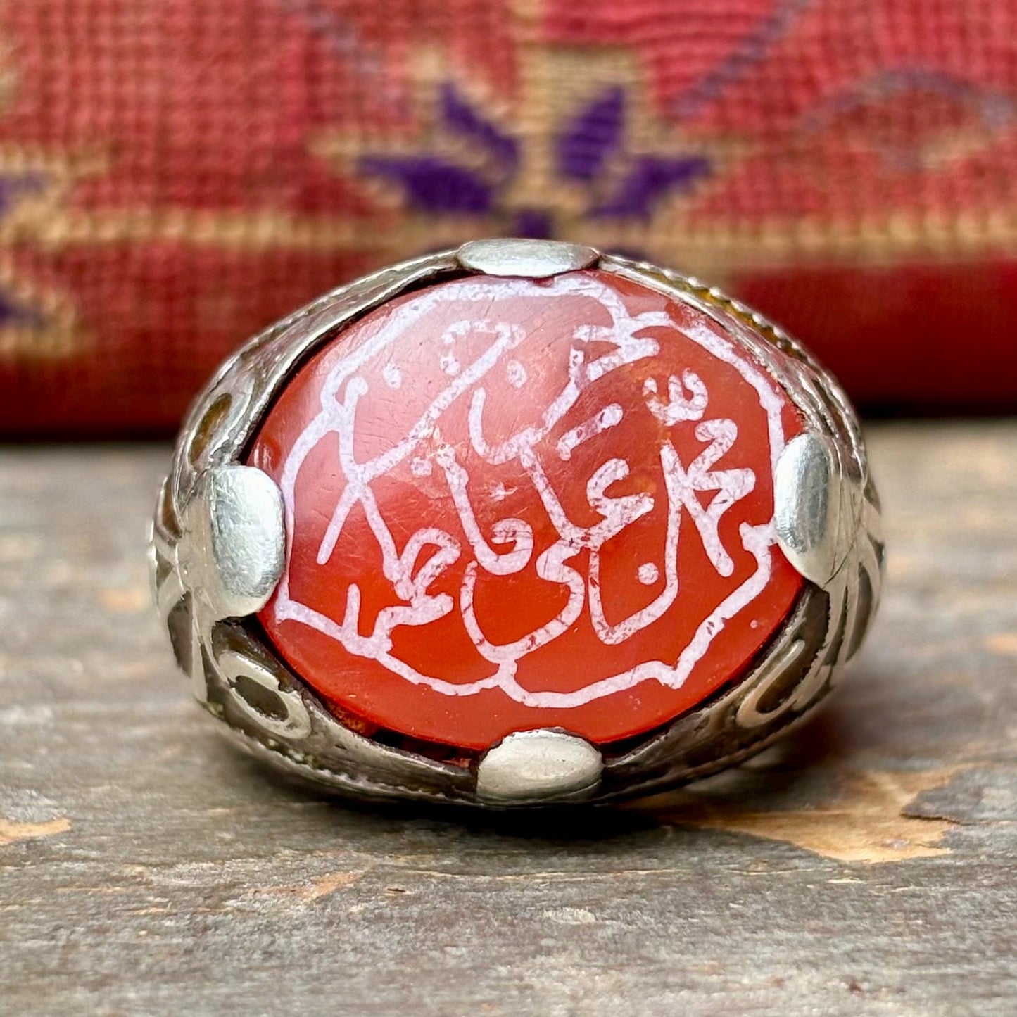 Große Herrenring Silber Achat Intarsie Afghanistan, Islamischer arabischer orientalischer asiatischer antiker Ring, Aqeeq Schutz bösen Blick